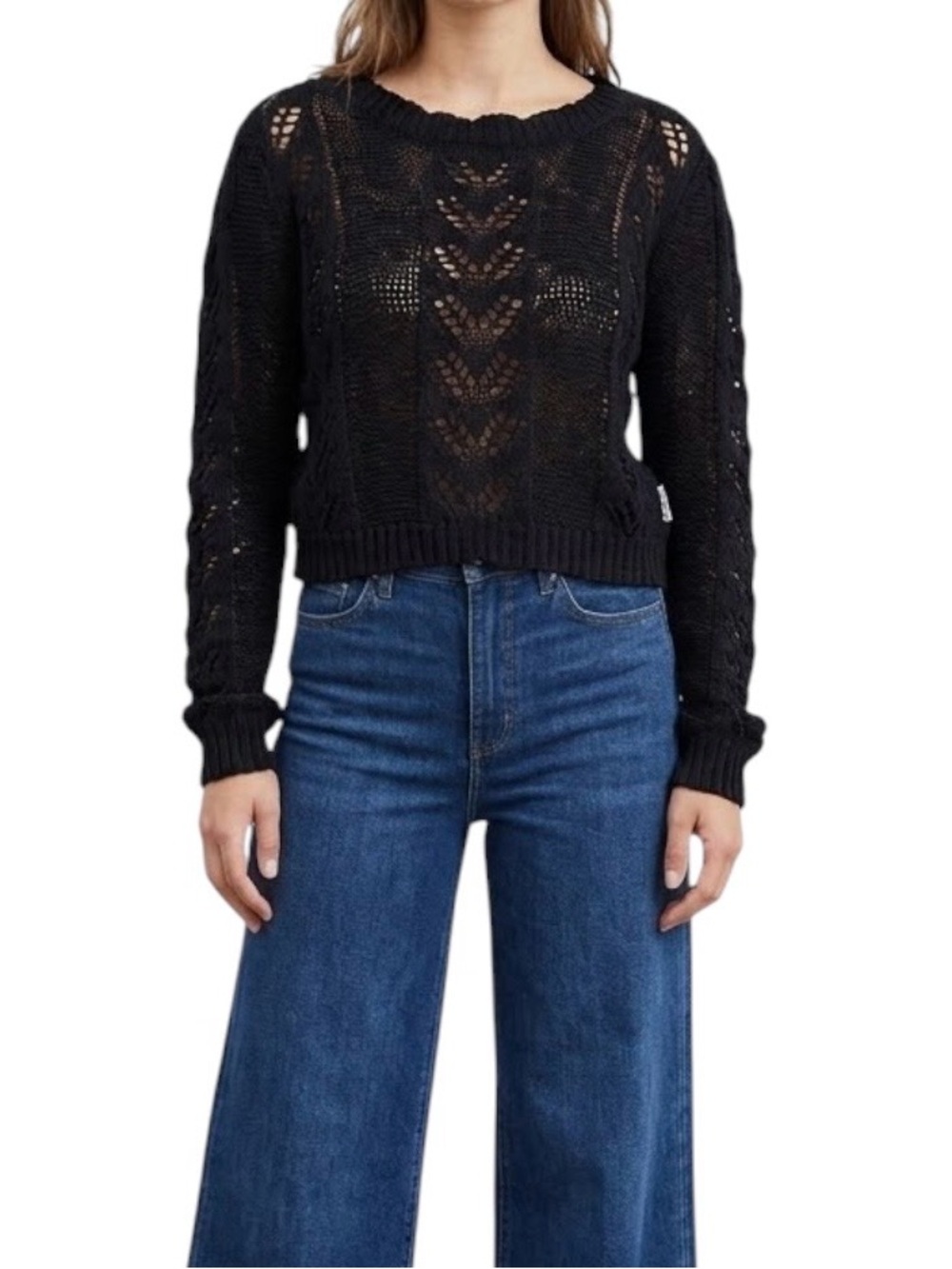 Storia Black Pointelle Open Weave Cropped Sweater M